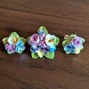 Bone China Brooch & Earrings England Vintage Porcelain Floral Flower Screwback